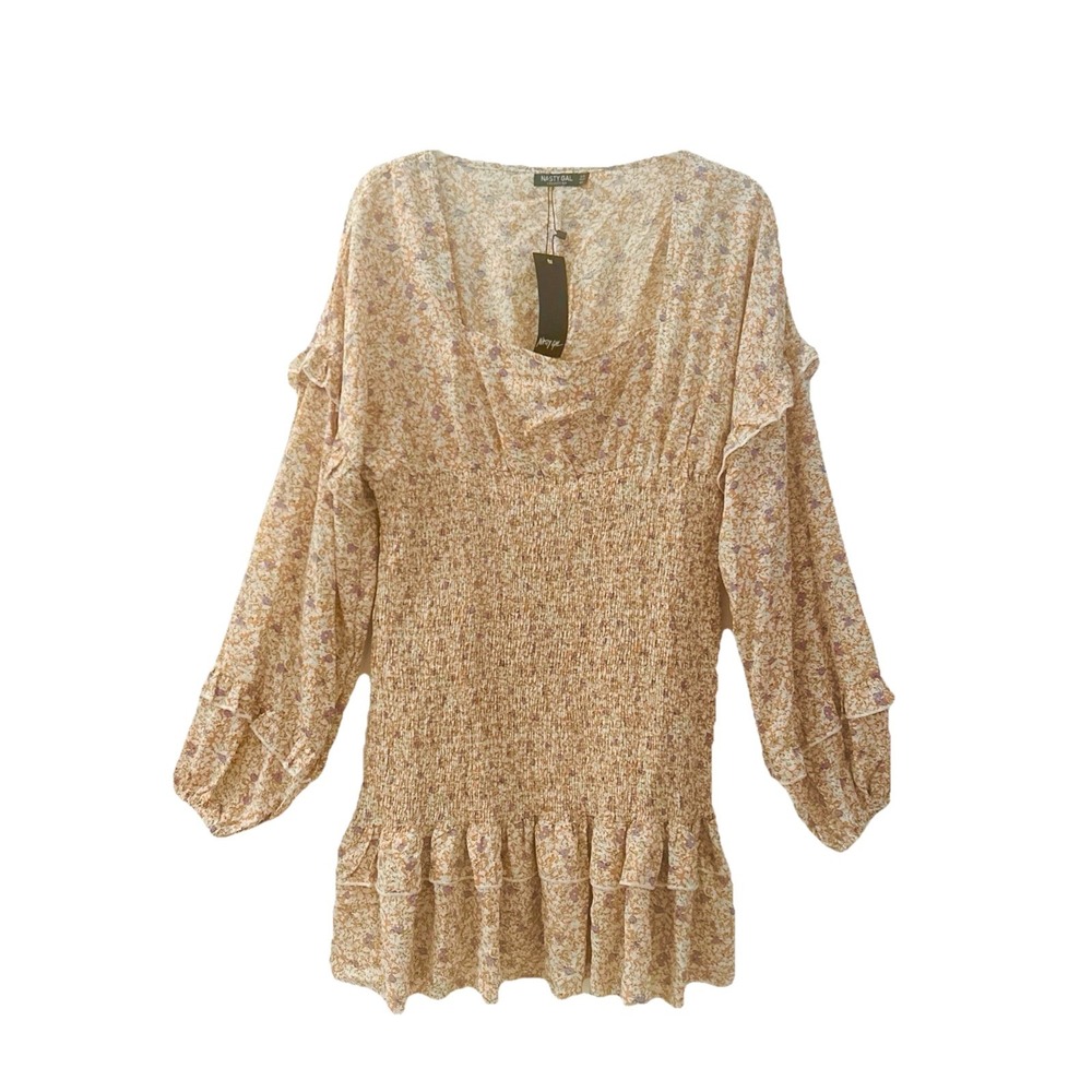 Nasty Gal Put a Spring on It Floral Smocked Ruffle Mini Dress Womens US 10 M NWT